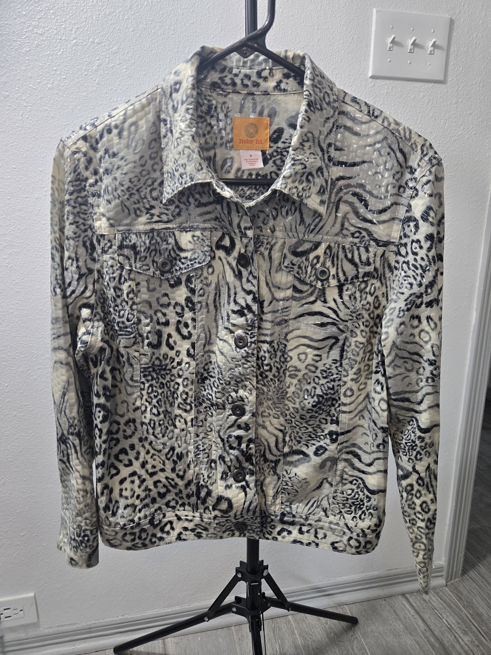 Ruby Rd. Neutral Animal Print Jean Jacket with Black Accents
